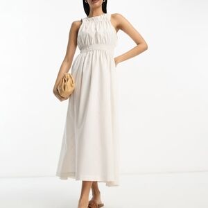 ASOS DESIGN Cotton High Neck Gathered Maxi Dress in Ecru Cream White sz 14